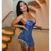 Casual Dresses SRUBY Sparkle Silver Sequins Fringe Denim Dress Sexy Spagetti Straps Bodycon Jeans Glitter Vacation Outfits