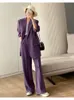 Women's Two Piece Pants Vintage Office Lady Suit Purple Jacket Korean Style Fashion longsleeved twopiece Casual Blazer Sets 230131