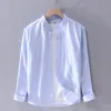 Men's Casual Shirts Pure Cotton Long Sleeve for Men Autumn Yellow Stand Collar Tops Male Solid Color Button Up Dress 230130