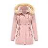 Women's Trench Coats Fahion Winter Warmer Women Removable Hooded Plush Cotton Jacket Office Lady Fur Collar Loose Zipper Velvet Coat Girl