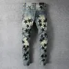 Men's Jeans High Street Star Leather Collage Knee Knife Cut Hole Retro Made Slim Leggings Skinny