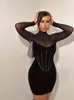 Casual Dresses Bangniweigou Velvet Mesh Patchwork Corset Tight Dress Women Vintage Sexig Black Clothes Long Sleeve Bodycon Mantel