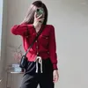 Chandails pour femmes 2023 printemps et automne pull de noël année rouge nœud manteau court femme col en v mince petit parfum tricot Cardigan haut