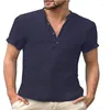 Camicia da uomo a maniche corte in lino di cotone da uomo per l'estate 2023 Camicie eleganti da uomo con apertura abbottonata e colletto in piedi