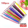 Ballpoint długopisy 100 długopisów każdego pakietu Mini metal 2in1 Stylus Universal Tekst Grawerowanie niestandardowe Office School Reklama 230130