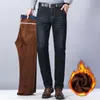 Mäns jeans klassisk avslappnad vinterverksamhet rak fleece tjock varm passar bomullsstretch mitten av hög midja byxor 230130