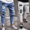 Erkek kot pantolon esnek yırtık sıska bisikletçi nakış karikatür baskı yıkılmış delik ince fit denim yüksek kaliteli hip hop siyah 230131