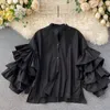 Women's TShirt Spring Autumn Blouse Korean Style Multilayer Ruffled Flare Sleeve Solid Color Shirt Loose Stand Collar Tops GX499 230131