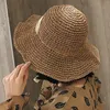 Chapéus largos de palha tecido dobrável feminino protetora solar de verão chapéu de pescador de crochê de crochê de férias de praia