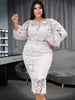 Plus size Dresses Size Evening 4XL O Neck Lace Lantern Sleeve Hollow Out Patchwork White Pink Gowns for Ladies Event Cocktail Outfits 230130