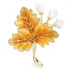 Broches Wulibaby perle haute qualité feuille d'émail pour les femmes vert jaune fleur fête bureau broche broche cadeaux