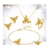 Orecchini Collana Cristallo giallo Ciondolo ape da miele Gioielli da donna Bracciali con strass carini Anelli Set Set di consegne a goccia in oro Ot1Dm