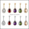 Navelklockknapp ringer Zircon Diamond Inlay Mticolor Water Drop Puncture Jewelry Navelical Nail Medical Steel Dance Belly Ring AC Dhzhu