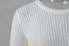 女性用Tシャツ2023ファッションホワイトエレガントなストライプスルースルー女性トップス衣装長袖Tシャツティースキニークラブパーティー服230130