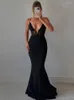 Vestidos casuais zoctuo maxi vestido elegante e profundo vos de pescoço sólido roupas de costas sexy sem costas para mulheres sem mangas vestidos pretos vestes