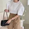 Blusas de mujer coreano Chic verano blusa blanca señoras Simple salvaje cuello redondo suelta Casual plisado liso camisa de manga farol mujeres Taobao