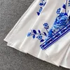 Sıradan Elbiseler 2023 Bahar Kadınlar Retro Çin tarzı Mavi ve Beyaz Porselen Baskı Tek Kemer Maksi Uzun Elbise Smlxlxxl