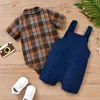 Clothing Sets 0-18m Born Boys Two Piece Set Infant Boy Plaid Printed Crotch Snap Romper Matching Puppy Pattern Overall Baby Outfits