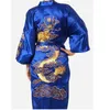 Abiti da uomo Blu Navy Raso di seta cinese Abito da ricamo Kimono Abito da bagno Drago Taglia S M L XL XXL XXXL S0008 230131