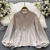 Blouses Femmes VANOVICH Automne Littérature et Art Vintage Dentelle Lanterne Manches Col Montant Chemise Femmes Slim Casual Tempérament Chemises