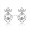 Stud Rose Or Couronne Coeur Boucle D'oreille Femmes Élégant Aaa Zircon Palpitant Doux Mignon Romantique Fille Oreille Bijoux Sier Boucles D'oreilles Drop Deli Dhcob