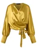 Bluzki damskie koszule Celmia damskie satynowe bluzki moda eleganckie długie koszule z rękawami typu nietoperz letni krzyż V Neck bandaż zwężone Haut Style Wrap Topy 230131