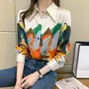 Women's Blouses Shirts H Han Queen Office Lady Blusa Turndown Collar Vintage Print Tops Elegant Chiffon Women Long Sleeve Casual 230131