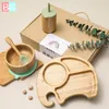 Cups Dishes Utensils 4PCS Wooden Dinner Plate Silicone Suction Cup Non-slip Waterproof Fork Spoon Cartoon Elephant Feeding Dinner Plate Tableware 230130