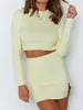 Work Dresses Solid Knit Skirt Set Woman Mock Neck Long Sleeve Crop Top High Waist Slit Mini Spring Casual Classic 2 Pieces Sets 2023