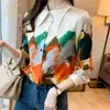 Women's Blouses Shirts H Han Queen Office Lady Blusa Turndown Collar Vintage Print Tops Elegant Chiffon Women Long Sleeve Casual 230131