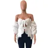 Dames t -shirt schuine nek lieverd uit schouder dames shirts lantaarn mouw hollow out boog verbonden peplum blouse ruches sexy zomer top 230131