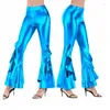 Pantalones de mujer Shiny Flare Laser Metallic Wetlook Ruffle Retro Hippie Club Pantalones Skinny Bell Bottoms Pierna ancha para mujer