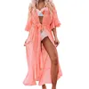 Women's Swimwear Women Cover Up Solid Color Fashion Half Sleeve See-Through Ruffle Swimmwear Bikini Coat Beach Wear Cardigan Summer