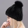 Berretti Beanie/Skull Caps High-End Donna lavorata a maglia Tinta unita per adulti Berretto antivento Vera pelliccia Cappello intrecciato Pelle Tenere al caldo Protezione per le orecchie Davi22