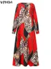 Plus la taille Robes VONDA Taille 5XL Femmes Robe Vintage Bohème Robe Automne Sexy Col En V À Manches Longues Vacances Robe Femme Imprimé Robe D'été 230130