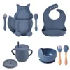 Tasses, plats, ustensiles 5/7/8 pièces, vaisselle en Silicone pour bébé, enfants, ventouse antidérapante, bol, assiette, tasse, cuillère, fourchette, ensembles sans BPA, plats d'alimentation pour enfants, ustensiles 230130