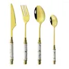 Dinnerware Sets 4PCS Simple Marbled Pattern Ceramic Handle Stainless Steel Steak Family Fork Dining Knife Spoon Tableware Set