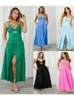 Casual Dresses Spaghetti Strap Back Criss-Cross Sexy Summer Cut Out Women Dress 2023 Fashion Beach Maxi Long Slit Sundress Green Holiday