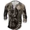 Men's T-Shirts Vintage Cotton T-shirts 3D Printed Knight Gothic Long Sleeve Casual Henley Oversized Top Tee Man Punk Pullover 230131