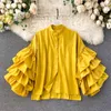 Women's TShirt Spring Autumn Blouse Korean Style Multilayer Ruffled Flare Sleeve Solid Color Shirt Loose Stand Collar Tops GX499 230131