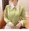 Blusas femininas 2023 Spring Color Block Bloco Bowtie Collar elegante Office Lady Lady Mulheres Camisa Plus Tamanho de Manga Longa Chiffon Chiffon Chemise