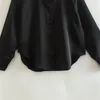 여성용 블라우스 2023 패션 캐주얼 섹시한 실크 새틴 느슨한 비대칭 레트로 긴 슬리브 버튼 여자 셔츠 독특한 탑
