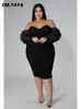 Plus size Dresses CMYAYA Size Women Mesh Patchwork Off Shoulder Ruched Bodycon Midi Dress evening Winter Sexy Party Club Prom 230130