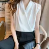 Women's Blouses Shirts Jielur Womens Tops Blouses Solid Color White Satin Blouse Office Shirt Blusas Sleeveless Women Shirts Black White Female 230131