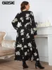 Plus size jurken Gibsie maat bloemenprint surplice nek riem riem maxi jurk vrouwen voorjaar herfst vakantie lange mouw ruche hem aline 230130