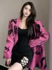 Women's Suits Blazers UCXQ Letter Printed Woman Notched Loose Long Sleeve Pink Coats Streetwear 2023 Autumn Bolero Women Jacket 23XF358 230131