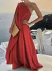 Casual Dresses Summer Elegant Women Button Solid Partyclub Maxi Dress Commute Patchwork Slit Loose Fashion Slash Neck Beach Long