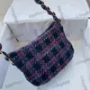 22K Womens Wool Tweed Hobo Underwarm Bags Spring Purple Handbags Gold Metal Hardware Shoulder Purse Outdoor Sacoche Designer Cosmetic Case Pocket 24x17cm