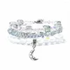 Strand Moonstone Bead Armband med Rhinestone Stretch Armband Set Collection för kvinnor (3 st en uppsättning)