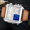 Нарученные часы Boamigo Big Man Quartz. Начатые часы спортивные водонепроницаемые 3 часовые пояса тревога хронограф светодиодные кожаные квадратные часы Men Digita